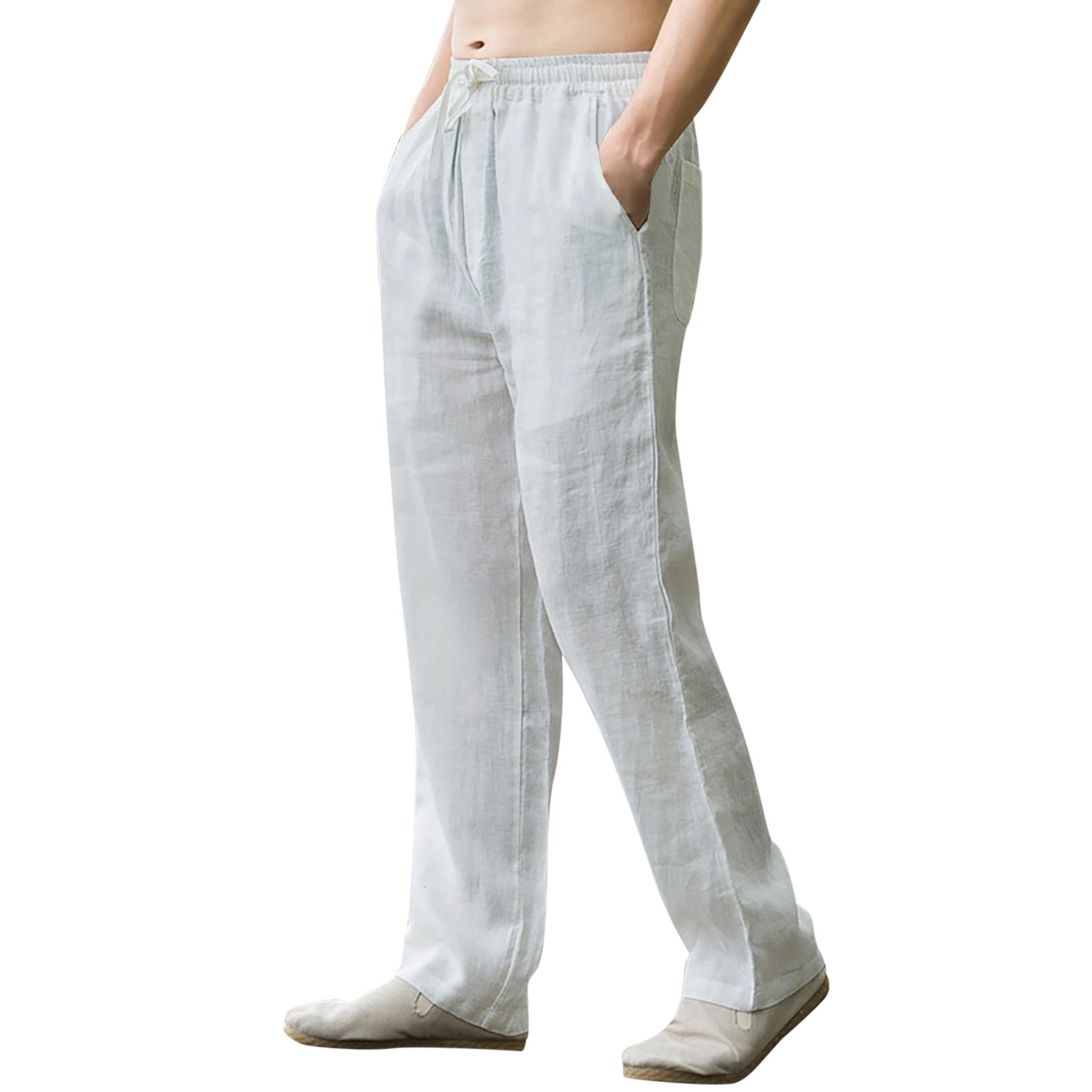 thumbnail image 1 of Pantalones informales de lino con cordón para hombre - Cintura elástica, bolsillos laterales - Ligeros y transpirables - Para la playa, el yoga y el verano, 1 of 8